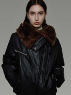 unspoken Thick Warm Patchwork Lapel Zipper Loose Women Commuter Black Leather Jackets