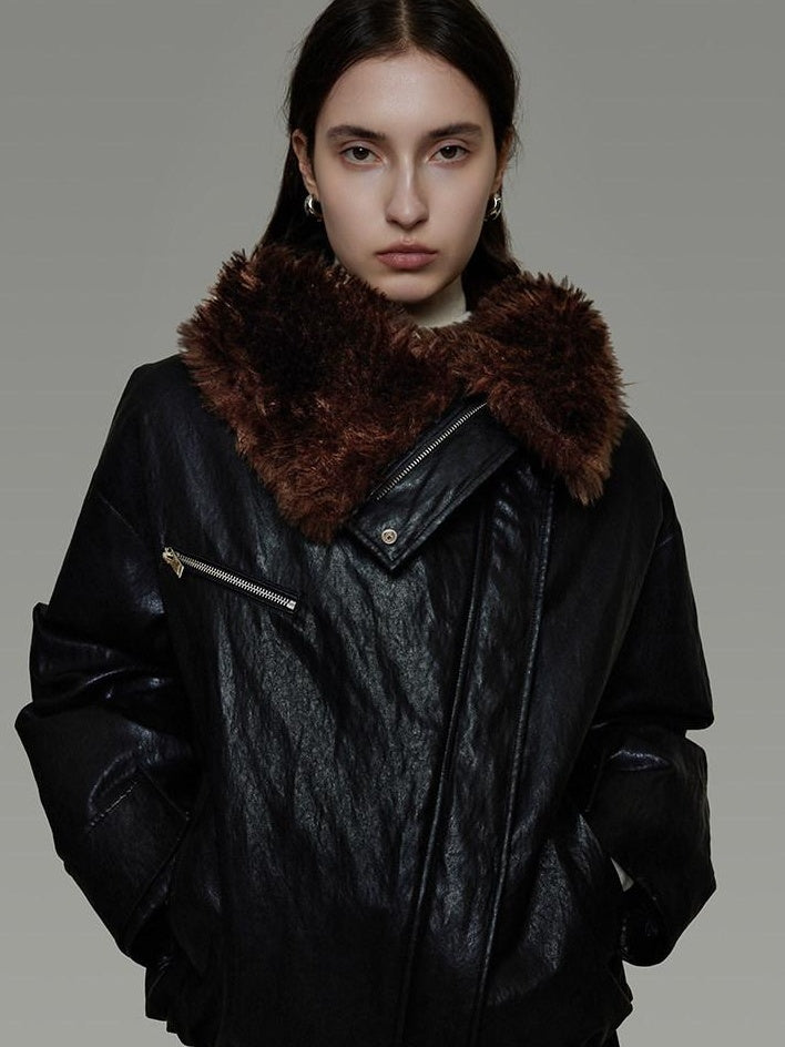 unspoken Thick Warm Patchwork Lapel Zipper Loose Women Commuter Black Leather Jackets