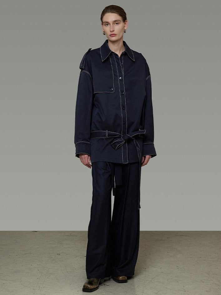 unspoken Vintage Loose Fit Irregular Pocket Detail Women Navy Polyester Trench Coats