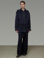 unspoken Vintage Loose Fit Irregular Pocket Detail Women Navy Polyester Trench Coats