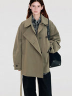 Double Breasted Khaki Korean Commuter Loose Mid Length Cotton Trench Coats