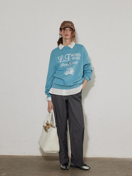 Lofi choose Cozy Oversized Crewneck Long Sleeve Commuter Blue Khaki Sweatshirt