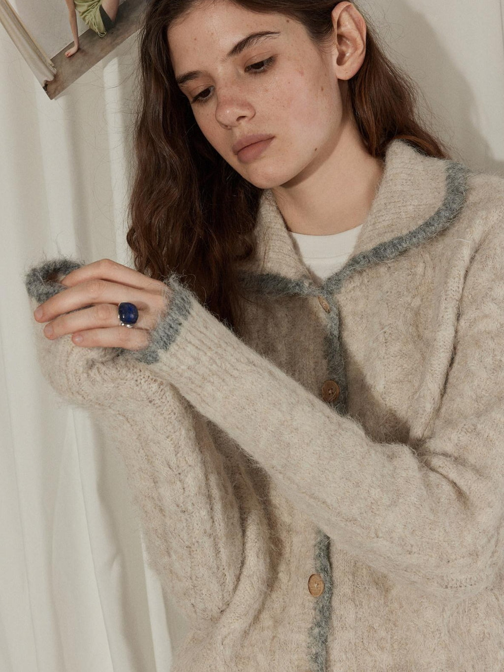 Lofi choose Wool Blend Contrast Trim Relaxed Lapel Button Women Oatmeal Knit Cardigans