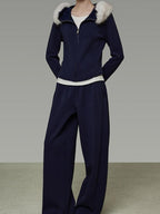 unspoken Warm Slim Fit Zip Hooded Cardigan High Waist Commuter Polyester Navy Lounge Sets