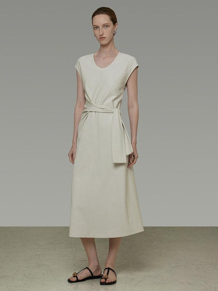 unspoken Cotton Blend Tie Waist Minimalist Commuter Short Sleeve U Neck Maxi Dresses