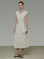 unspoken Cotton Blend Tie Waist Minimalist Commuter Short Sleeve U Neck Maxi Dresses