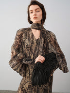 audreyyang Black Polka Dot Viscose Blend Puff Sleeve Cinched Waist Women Maxi Dresses