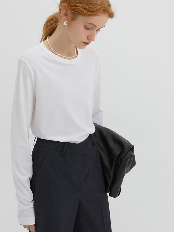 fano Minimalist 100 Percent Cotton Loose Crew Neck Women Basic Long Sleeve T-Shirts