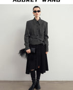 audreyyang Hand Pleated Lined Asymmetrical A Line Mid Waist Polyester Blend Midi Skirts