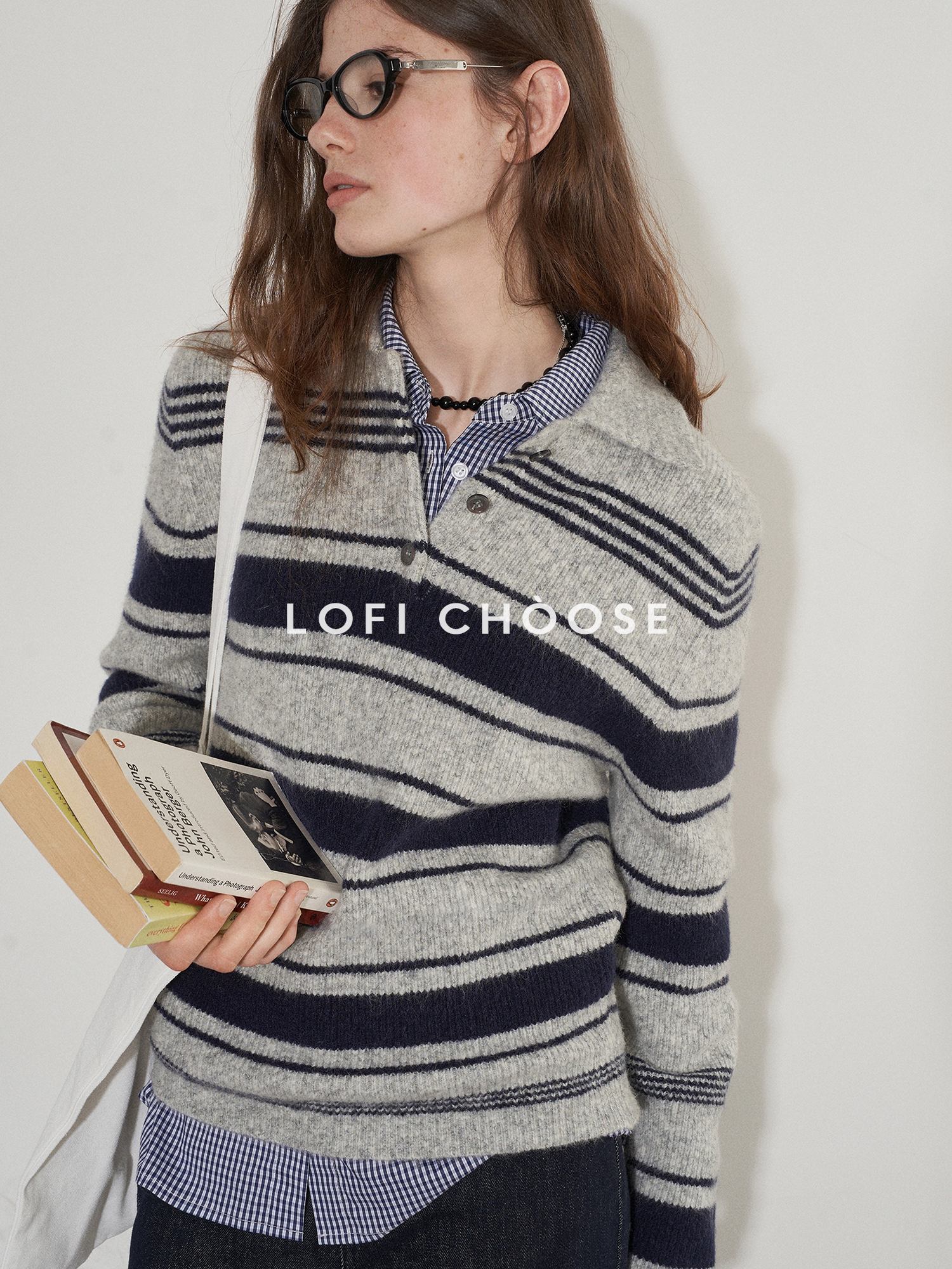 Lofi choose Soft Acrylic Wool Blend Striped Polo Collar Loose Fit Office Knitwear Sweaters