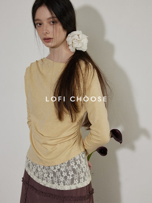 Lofi choose Cream Knit Paneled Relaxed Fit One Shoulder Women Long Sleeve T-Shirts