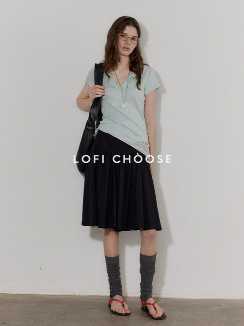 Lofi choose Comfortable V-neck Slim Fit Casual Women Dark Gray Green Short Sleeve T-Shirts