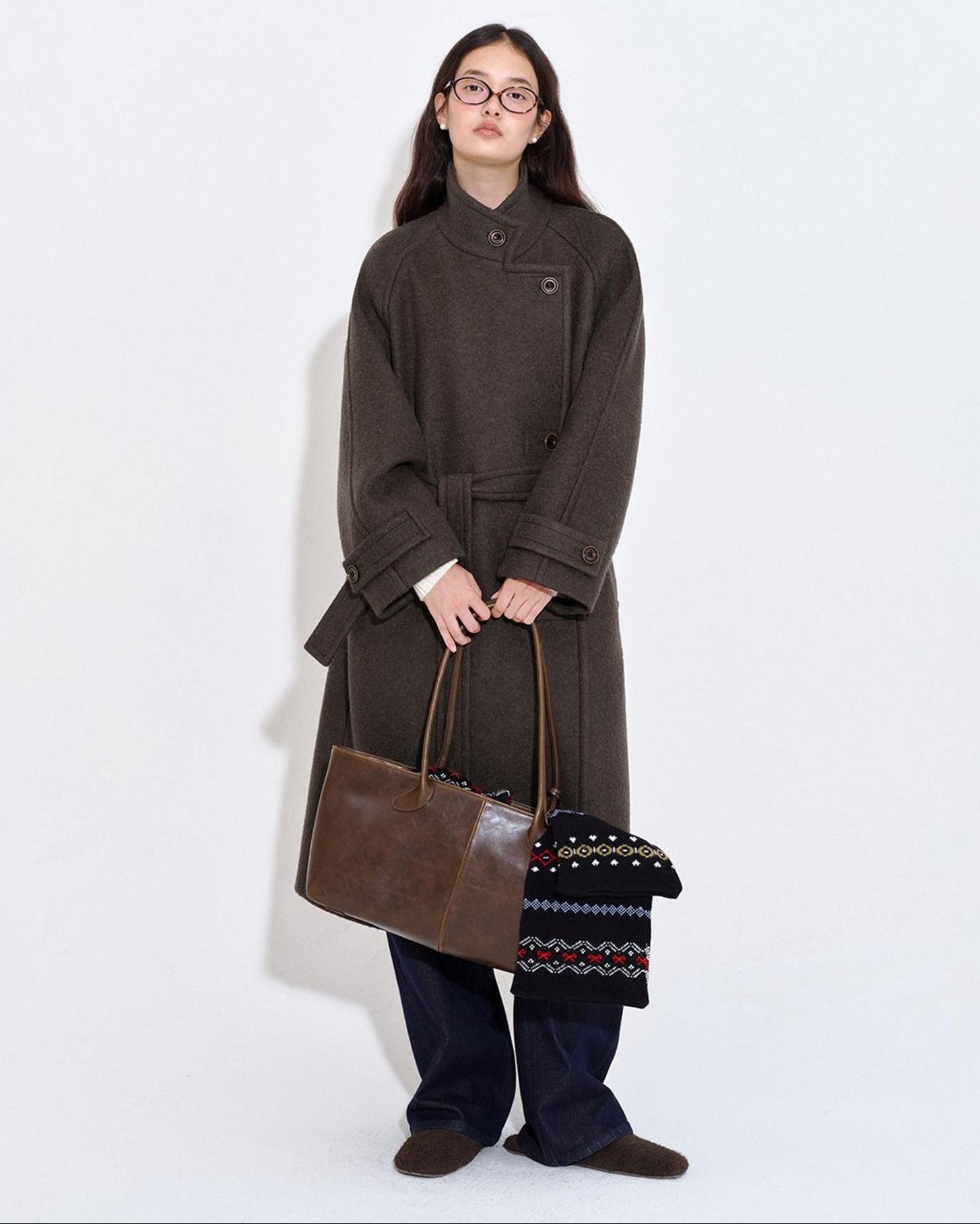 fano Premium 75 Wool 25 Polyester Longline Stand Collar Loose Korean Wool Coats