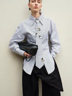 audreyyang Original Design Relaxed Tie Neck Collared Tencel Cotton Striped Blouses
