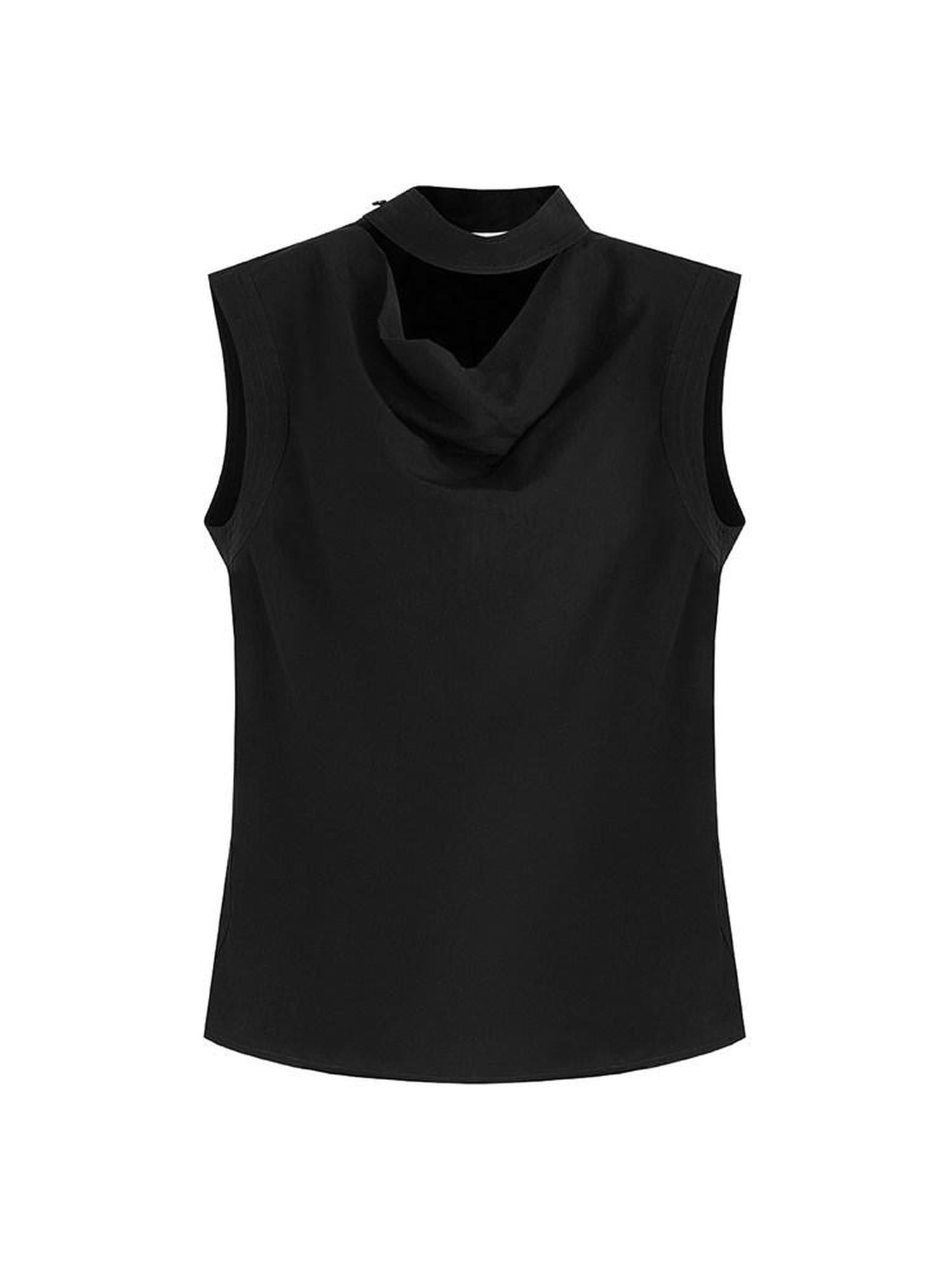 unspoken Breathable Viscose Tie Neck Sleeveless Loose Commuter Chic Women Black Blouses