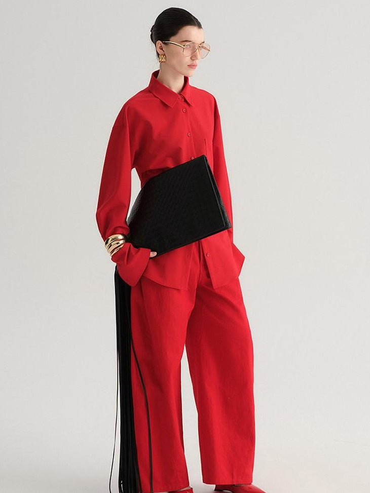 audreyyang High Waist Cotton Pockets Casual Loose Solid Straight Fit Women Wide Leg Pants