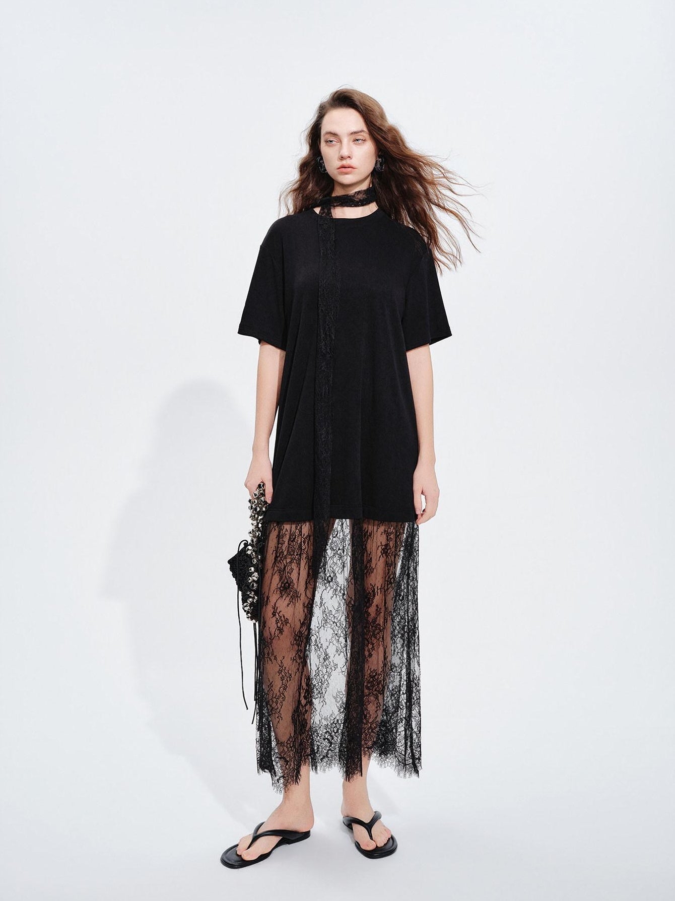 audreyyang Patchwork Polyester H Shift Loose Short Sleeve Crew Neck Everyday Midi Dresses