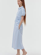 fano 100% Cotton Puff Sleeve A Line Natural Waist Solid Blue Zipper Maxi Dresses