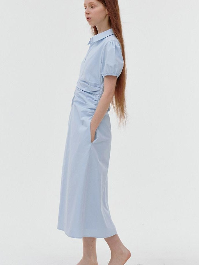 fano 100% Cotton Puff Sleeve A Line Natural Waist Solid Blue Zipper Maxi Dresses
