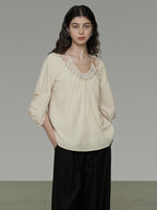 unspoken Durable 100% Cotton Original Relaxed Round Neck Women Beige Solid Blouses