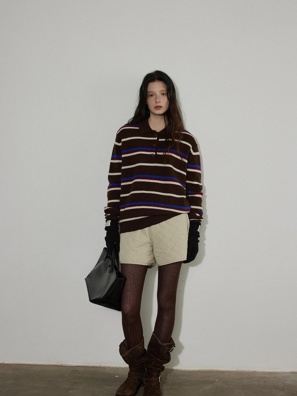 Lofi choose Colorblock Striped Polo Collar Relaxed Fit Commuter Women Knitwear Sweaters