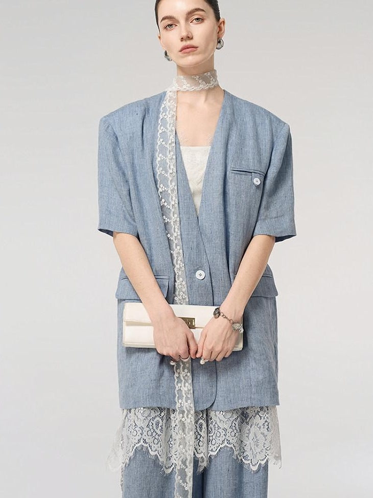 audreyyang Pure Linen Lightweight Relaxed Fit Lace Detail Commuter Women Wide Leg Pants