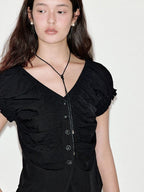 fano Sleek Black V-neck Button Short Sleeve Two Piece Chic Women Top & Skirt Sets
