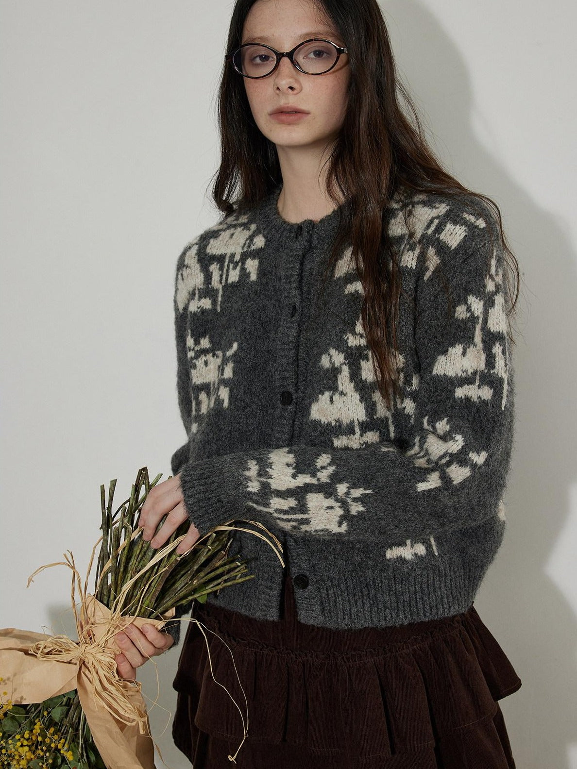 Lofi choose Cozy Thick Printed Wool Blend Relaxed Oversized Women Crewneck Cardigans