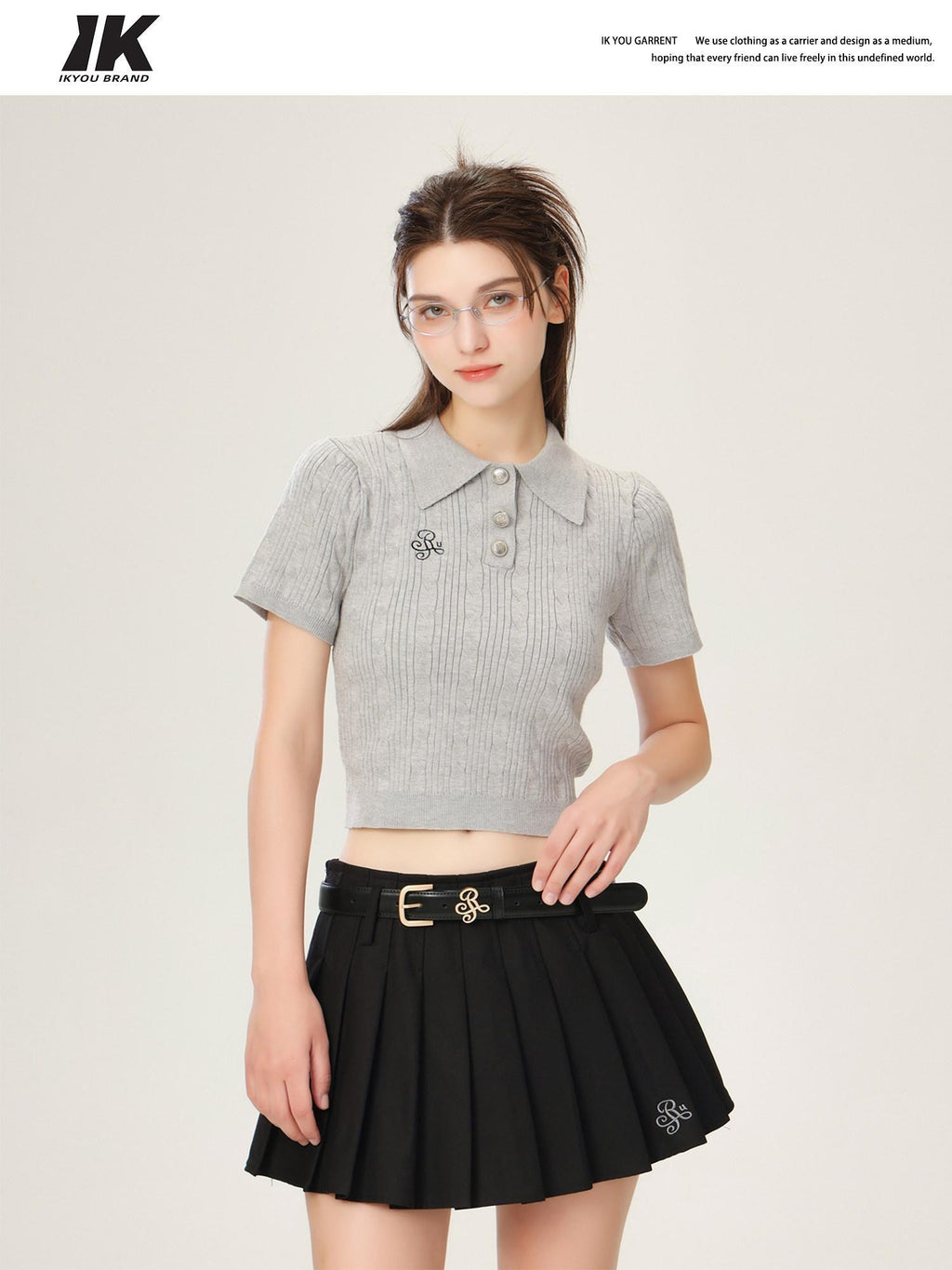 ikyou 3D Embellishment Slim Fit Henley Neck Women Solid Grey Knit Basic Crop Tops