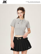 ikyou 3D Embellishment Slim Fit Henley Neck Women Solid Grey Knit Basic Crop Tops