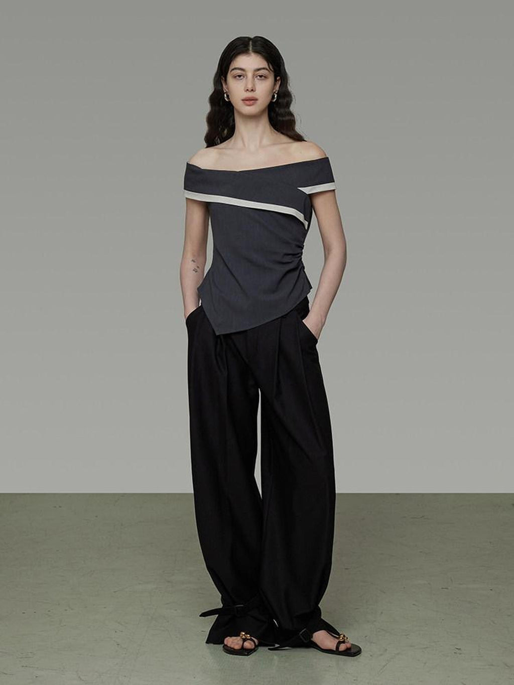 unspoken Slim Minimalist Colorblock Office Bardot Sleeveless Off Shoulder Crop Tops