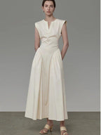 unspoken Pleated High Waist Minimal H Silhouette U Neck Sleeveless Office Maxi Dresses