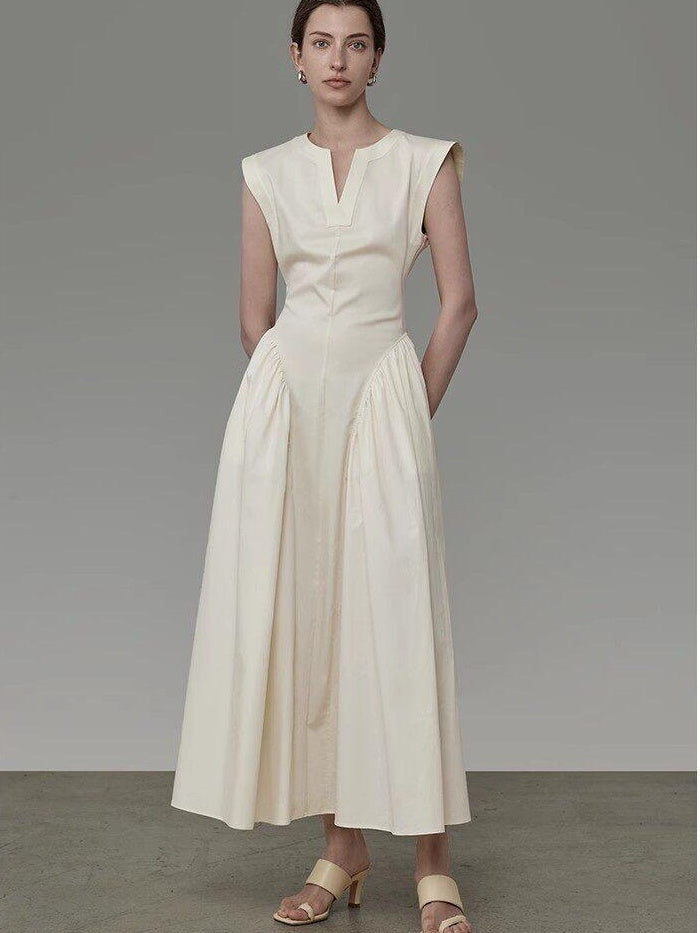 unspoken Pleated High Waist Minimal H Silhouette U Neck Sleeveless Office Maxi Dresses