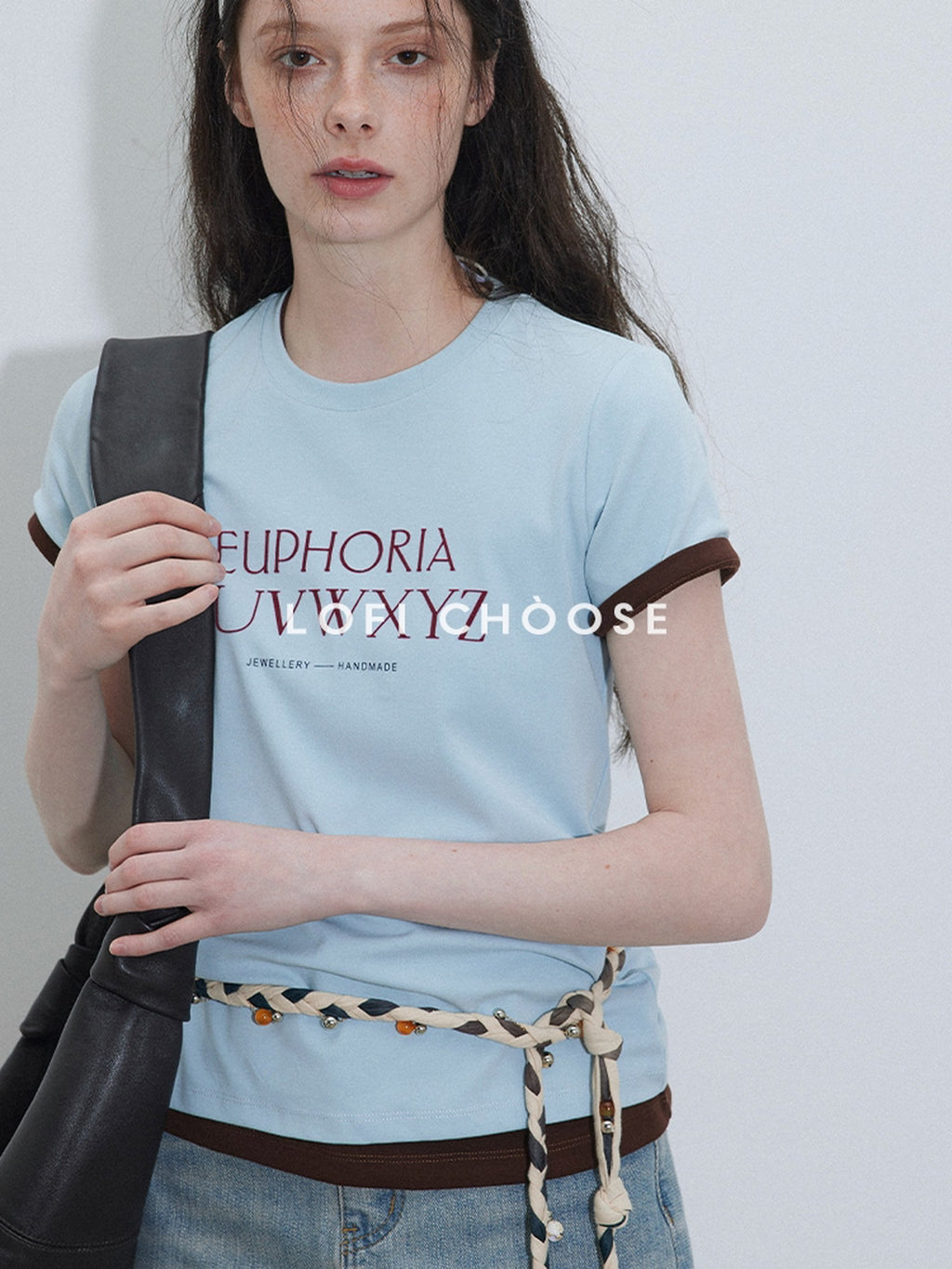 Lofi choose Printed Crew Neck Loose Fit Commuter Women Light Blue Short Sleeve T-Shirts