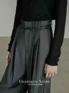 unspoken Belted Natural Waist Minimal Office Chic Deep Gray Women Wide Leg Pants
