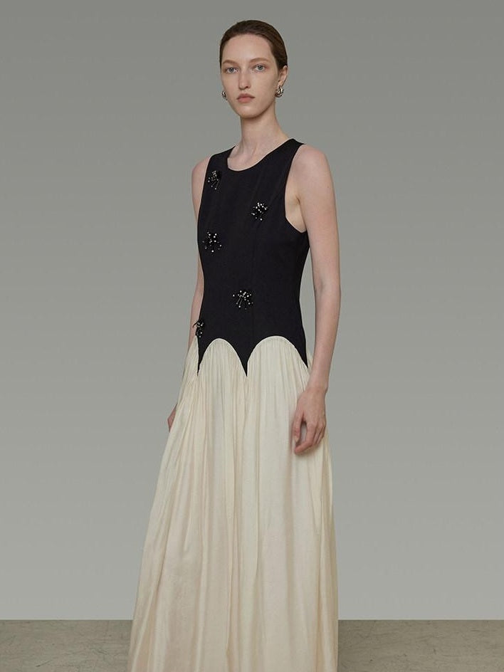 unspoken Elegant Beaded High Waist A Line Sleeveless Office Polyester Maxi Dresses