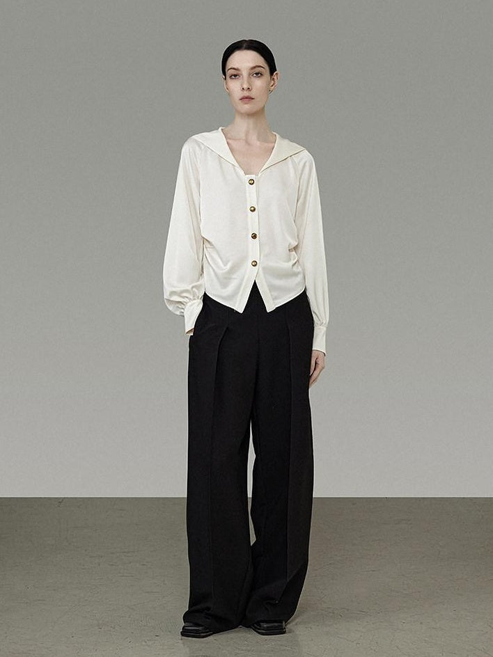 unspoken Cream Polyester Sailor Collar Button Front Loose Fit Office Minimalist Blouses