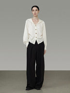 unspoken Cream Polyester Sailor Collar Button Front Loose Fit Office Minimalist Blouses