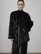 unspoken Faux Fur Lined Minimal Oversized Womens Black Round Neck Long Sleeve Short Coat