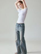 fano Vintage Blue Green Micro Stretch Natural Waist Relaxed Casual Straight Leg Jeans