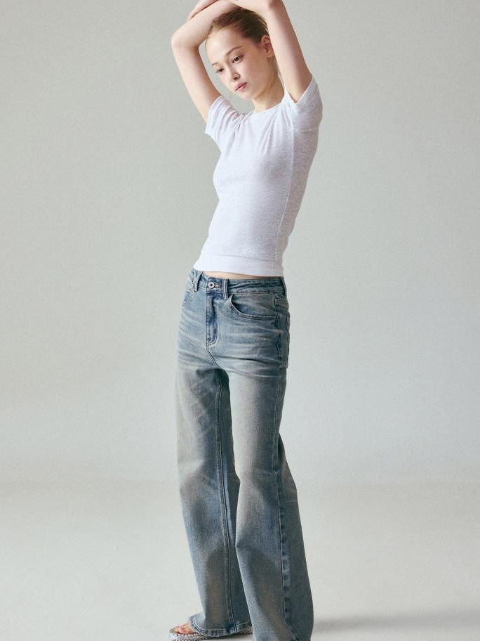 fano Vintage Blue Green Micro Stretch Natural Waist Relaxed Casual Straight Leg Jeans