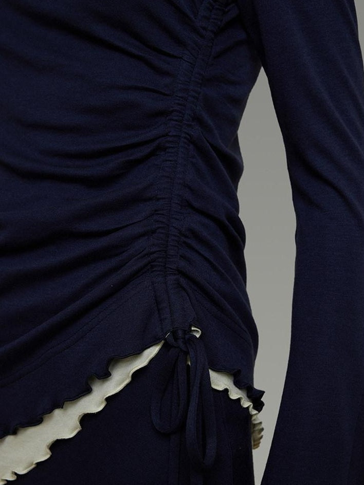 unspoken Navy Tencel Slim Fit Knit Round Neck High Waist Casual Women Top & Skirt Sets