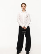 ikyou Embroidered Pleat Slim Fit Office Cotton Blend Collared Long Sleeve Blouses