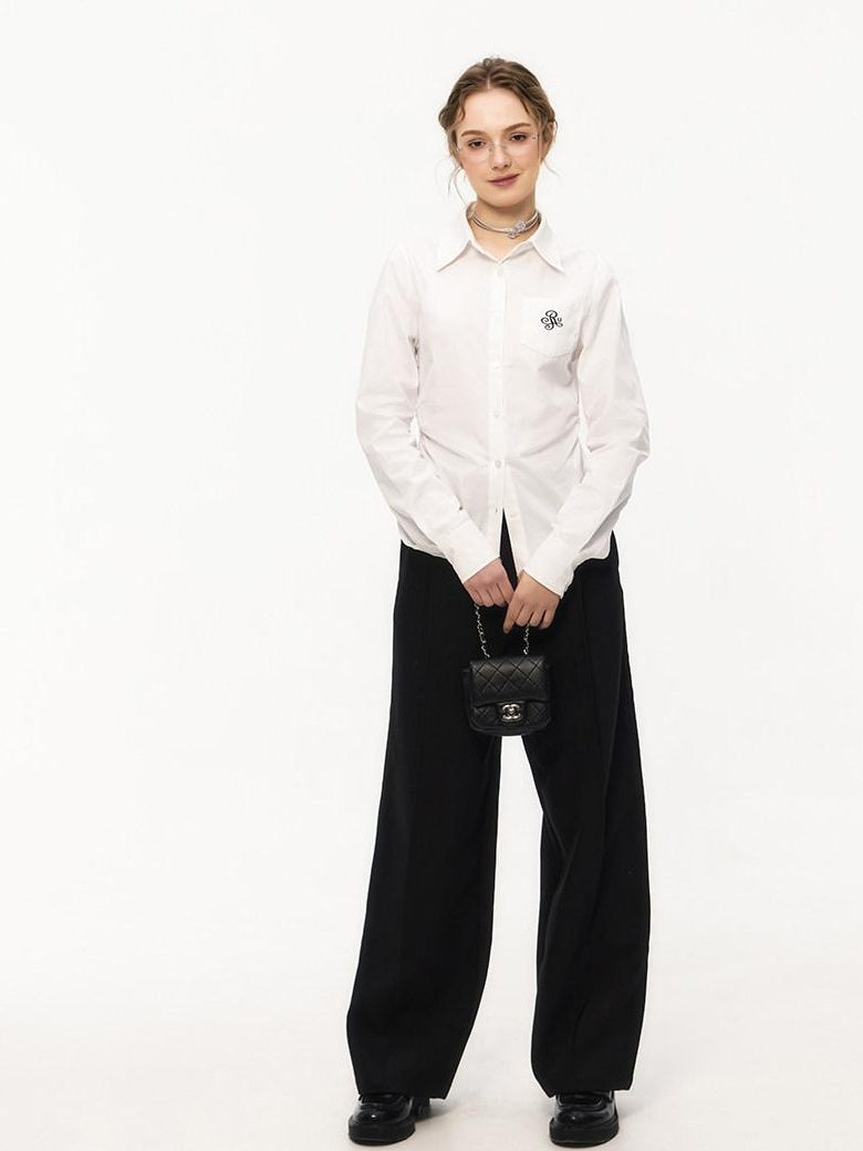 ikyou Embroidered Pleat Slim Fit Office Cotton Blend Collared Long Sleeve Blouses