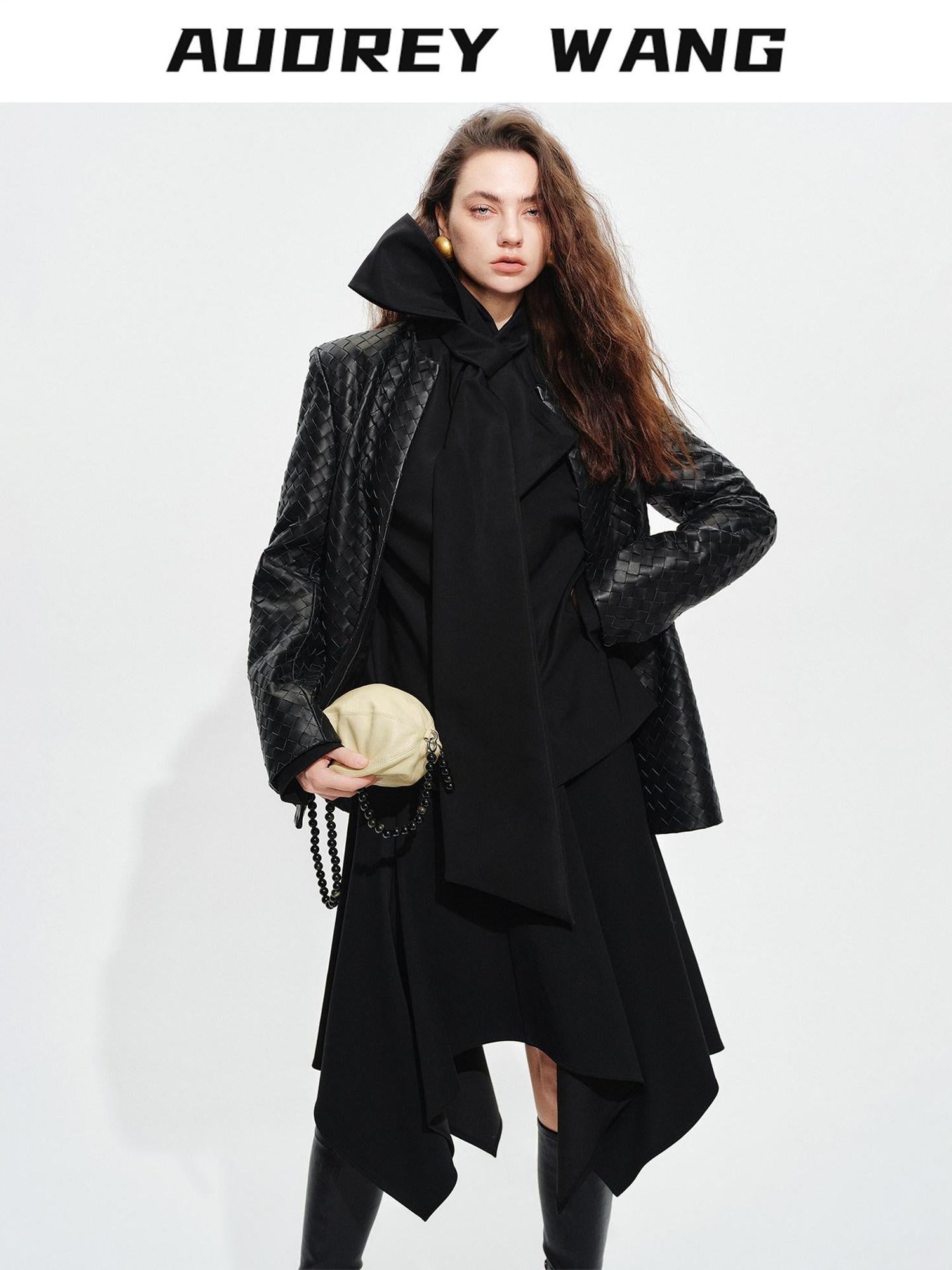 audreyyang Elegant Asymmetric Irregular Hem Mid Waist Front Zipper Black Midi Skirts