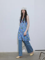 Lofi choose Printed Polyester Sleeveless V-neck A Line Casual Women Black Blue Midi Dresses