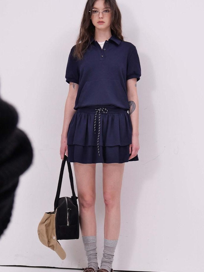 fano Navy Polo Short Sleeve Two Piece Pullover Mini Skirt For Women Top & Skirt Sets