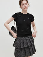 fano Soft Cotton Spandex Korean Patchwork Slim Womens Bow Neck Short Sleeve T-Shirts