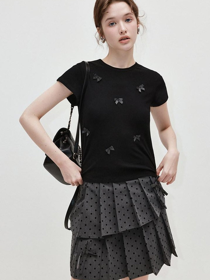 fano Soft Cotton Spandex Korean Patchwork Slim Womens Bow Neck Short Sleeve T-Shirts