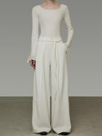 unspoken High Waist Drawstring Minimalist Breathable White Women Wide Leg Pants